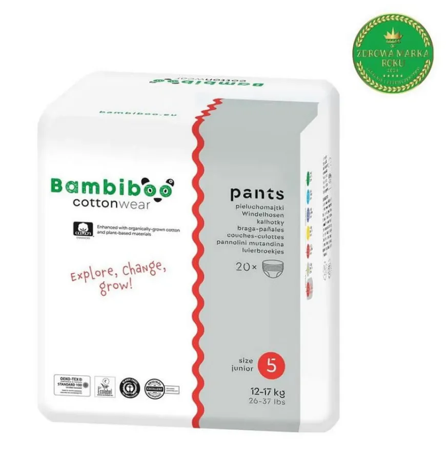 Bambiboo Cottonwear Jednorazowe pieluchomajtki z bawełną organiczną, rozmiar 5 Junior (12-17 kg) 20 szt.