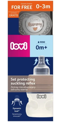 Butelka Lovi 150 ml nie zaburzająca odruchu ssania + smoczek Love Mummy