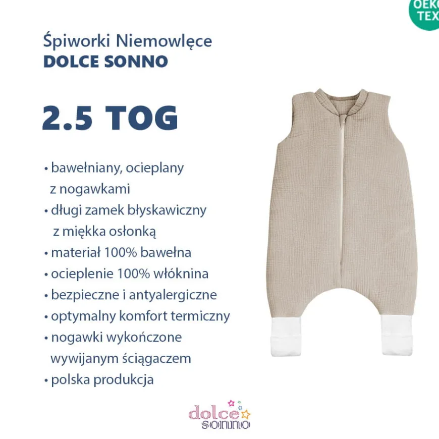 Całoroczny śpiworek niemowlęcy muślinowy Double Gauze 2,5 TOG Beż | Dolce Sonno