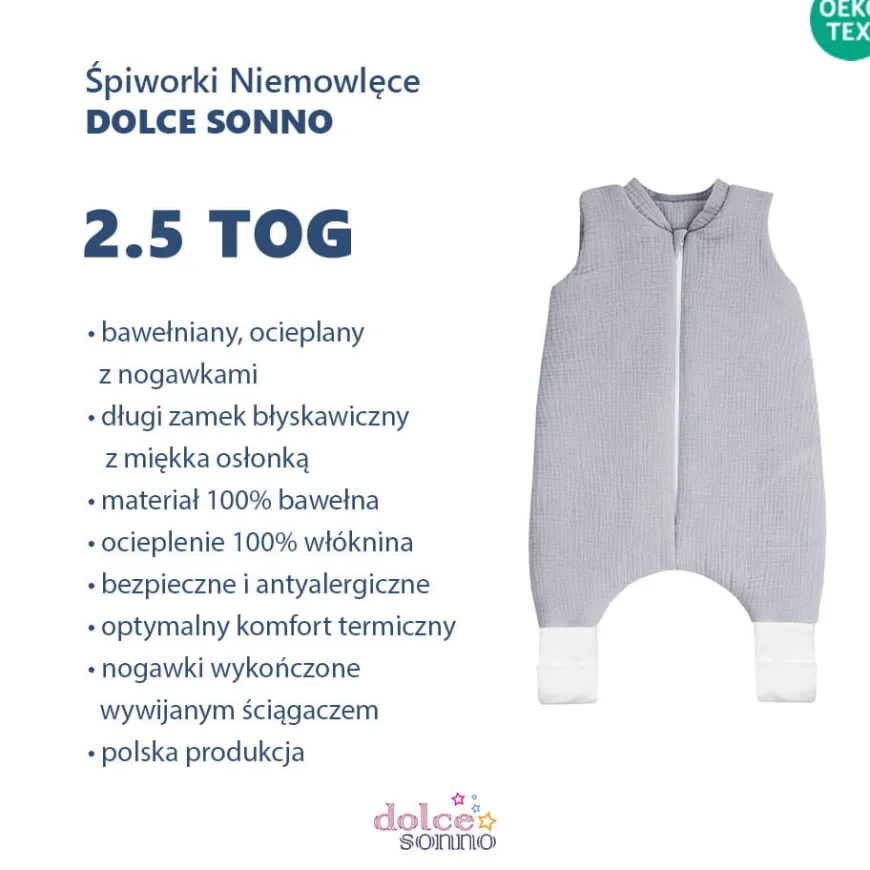 Całoroczny śpiworek niemowlęcy muślinowy Double Gauze 2,5 TOG Szary | Dolce Sonno