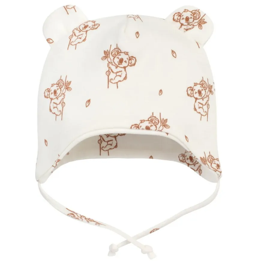 Czapka bawełniana dla niemowląt wiazana pod szyją z uszami ecru koala - Lovely Day | Pinokio