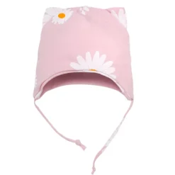 Czapka bawełniana dla niemowląt wiazana pod szyją z uszami różowa w stokrotki - Lovely Day | Pinokio