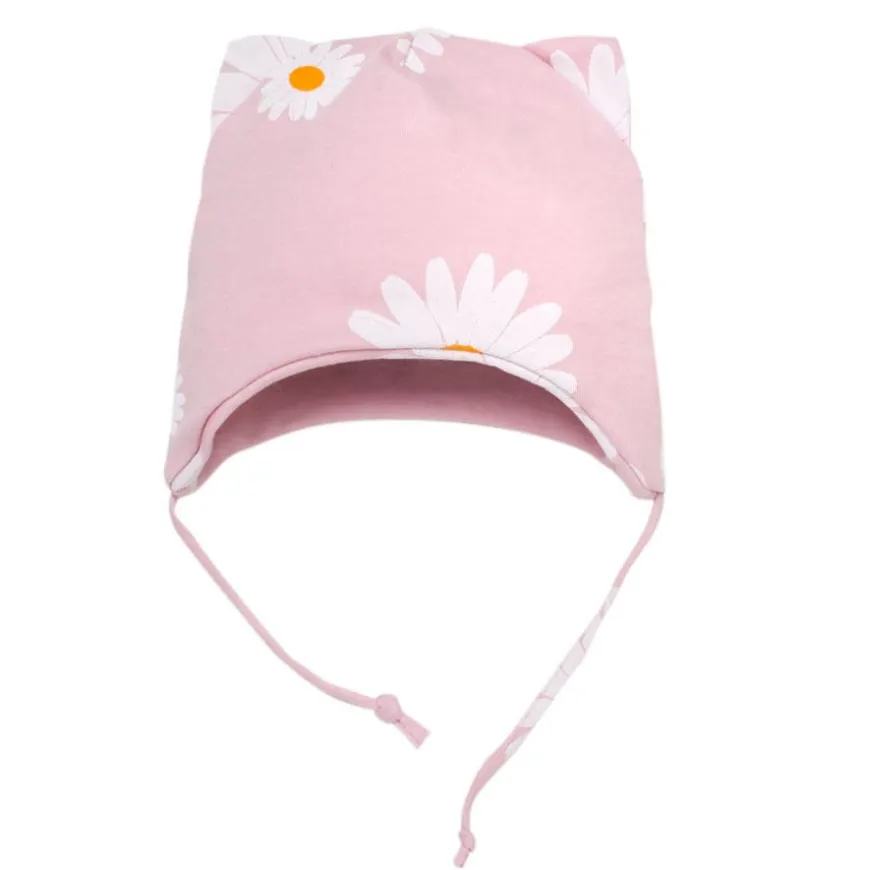 Czapka bawełniana dla niemowląt wiazana pod szyją z uszami różowa w stokrotki - Lovely Day | Pinokio