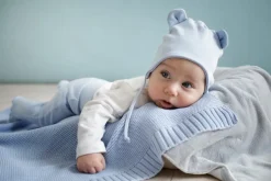 Czapka bawełniana dla niemowląt wiązana pod szyją z uszami misia Baby Blue - Lovely Day | Pinokio