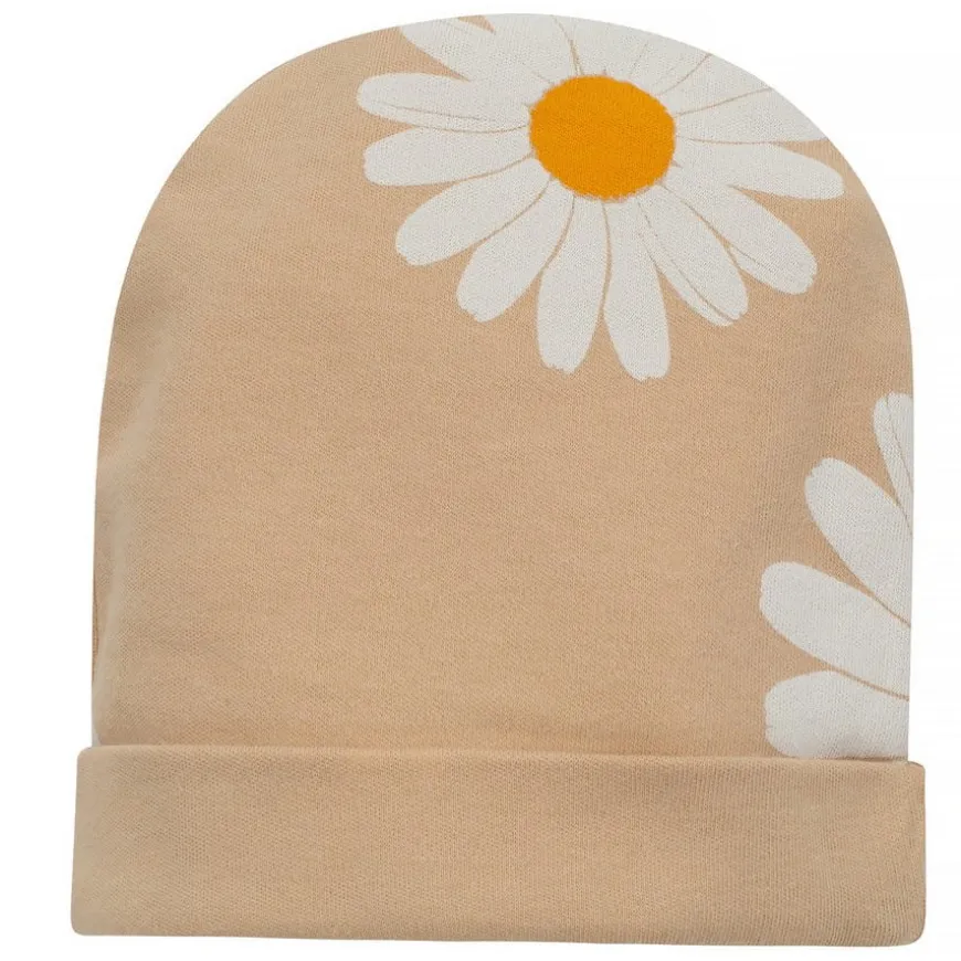 Czapka bawełniana dla niemowlaka wywijana beżowa w stokrotki - Daisy | Pinokio