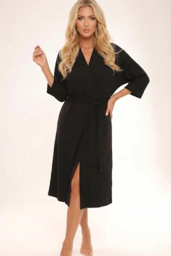 Czarny długi szlafrok damski Winnet z miękkiej dzianiny bawełnianej Silk Touch – Dolce Sonno