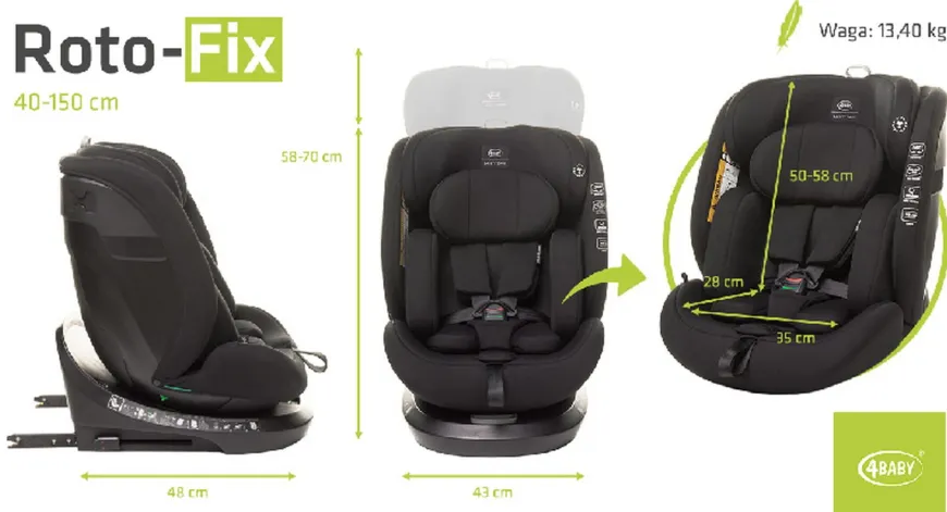 Fotelik samochodowy ROTO-FIX 40 - 150cm BLACK I-SIZE 4BABY