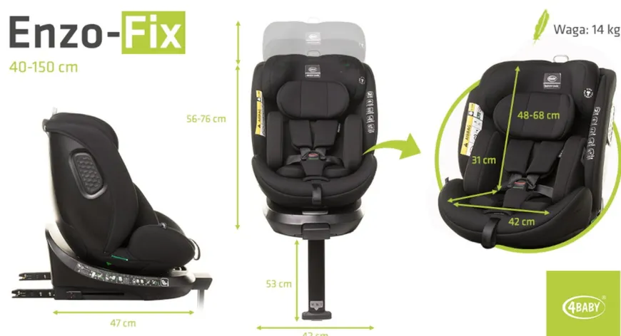 Fotelik samochodowy z obrotową bazą ENZO-FIX 40 - 150cm BLACK I-SIZE 4BABY