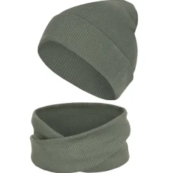 Komplet czapka z kominem dla niemowląt i dzieci, Khaki Prążek - Dolce Sonno