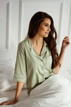 Koszula nocna na guziki z kołnierzykiem Elena/Szałwia - Dolce Sonno
