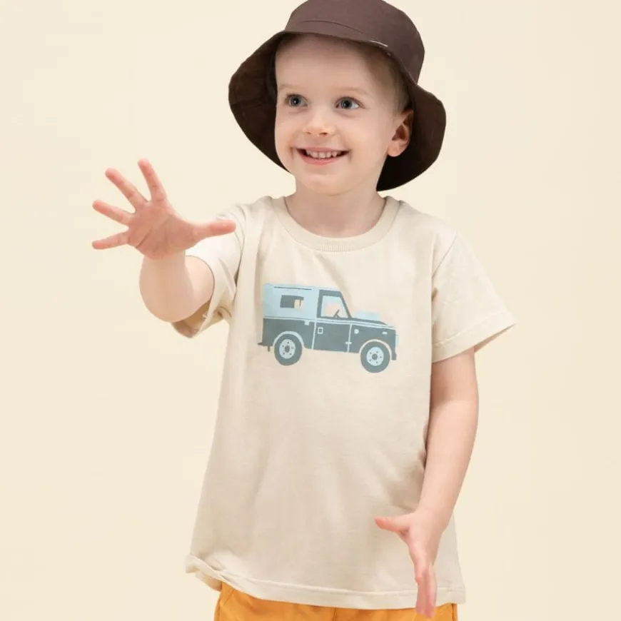 Koszulka z krótkim rękawem T-shirt dziecięcy beżowy z autkiem - Safari Pinokio