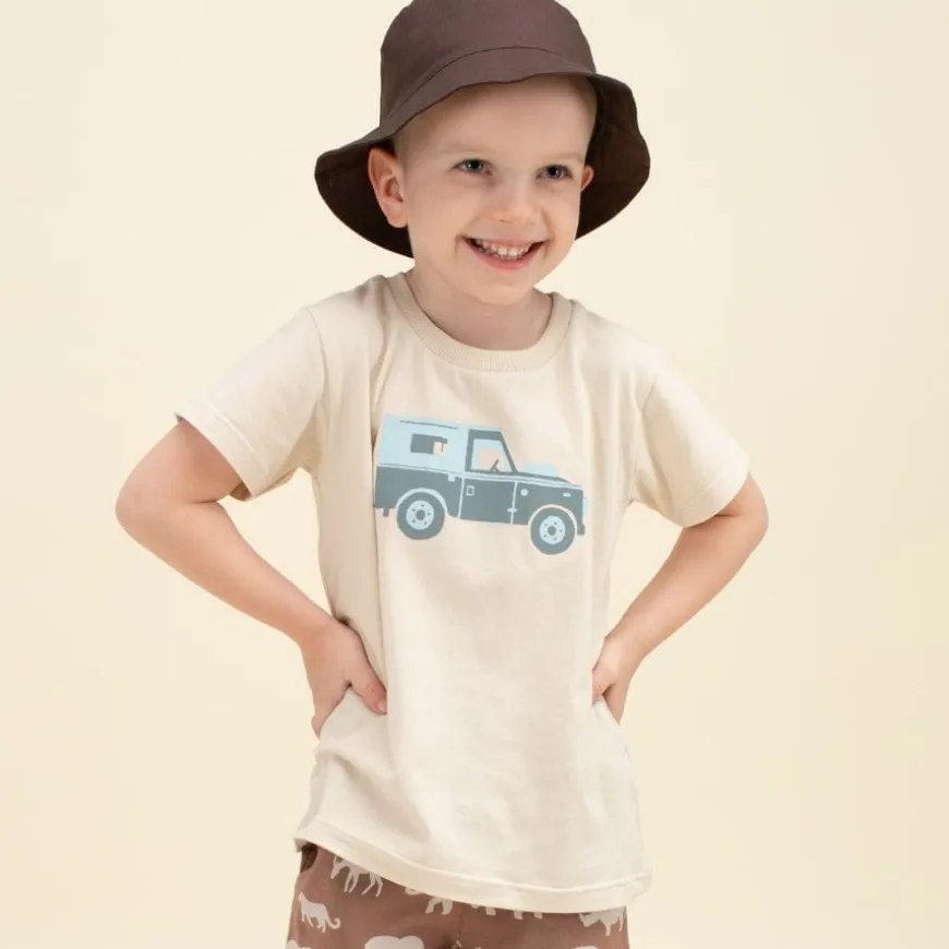 Koszulka z krótkim rękawem T-shirt dziecięcy beżowy z autkiem - Safari Pinokio