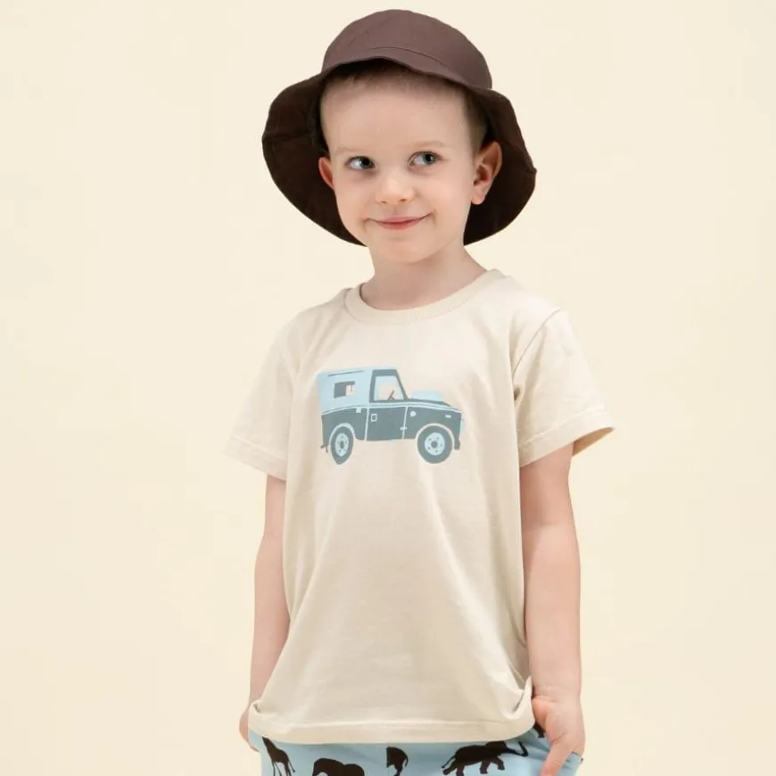 Koszulka z krótkim rękawem T-shirt dziecięcy beżowy z autkiem - Safari Pinokio