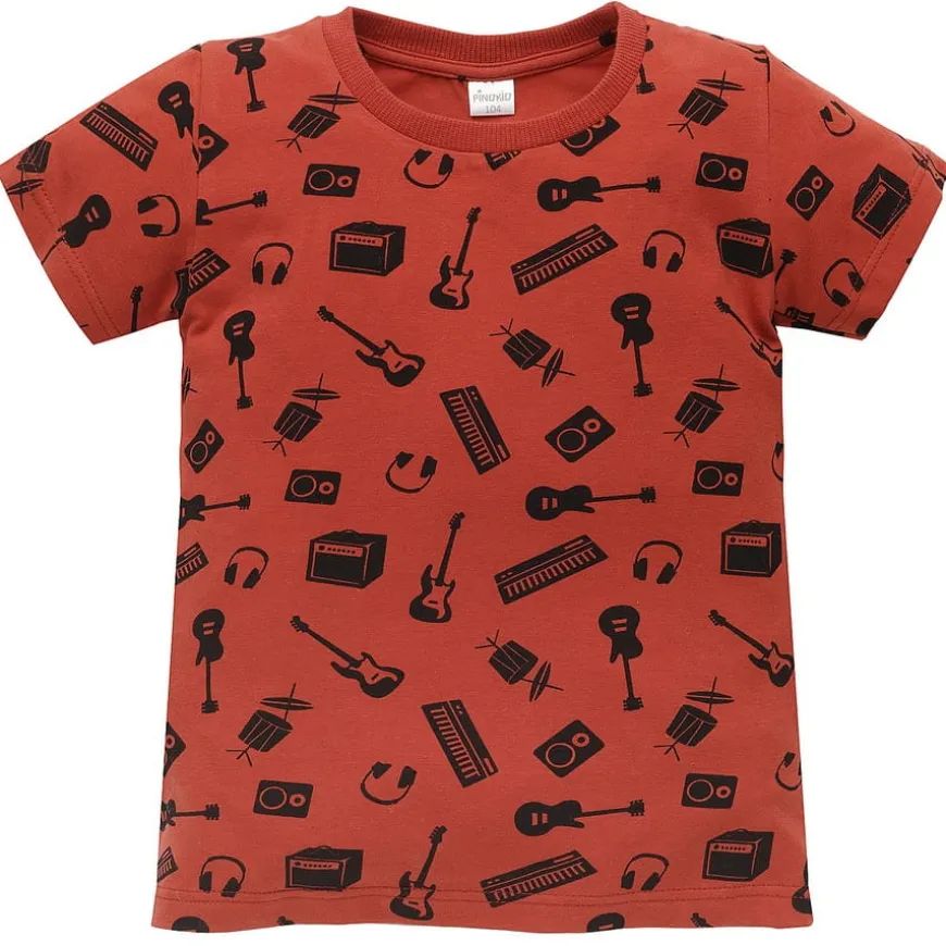 Koszulka z krótkim rękawem T-shirt dziecięcy czerwony w instrumenty muzyczne - Let's Rock | Pinokio