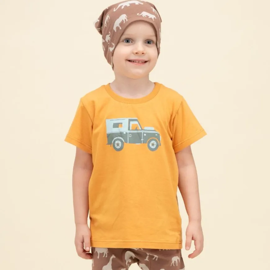 Koszulka z krótkim rękawem T-shirt dziecięcy miodowy z autkiem - Safari Pinokio