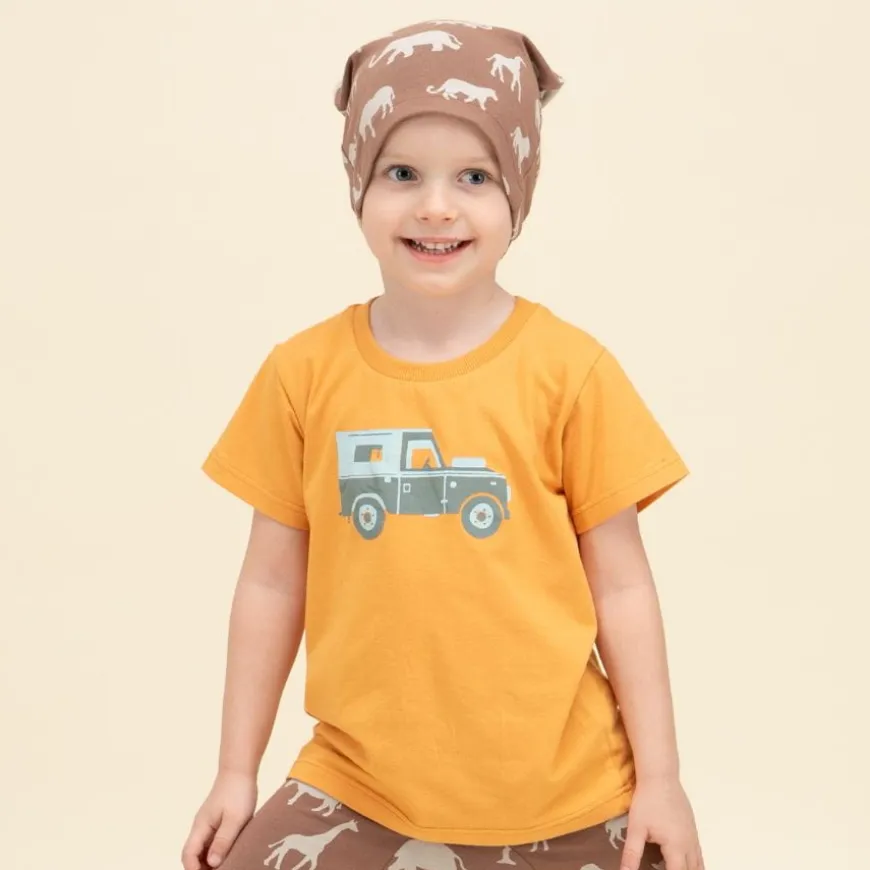 Koszulka z krótkim rękawem T-shirt dziecięcy miodowy z autkiem - Safari Pinokio