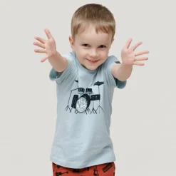Koszulka z krótkim rękawem T-shirt dziecięcy niebieski z perkusją - Let's Rock | Pinokio