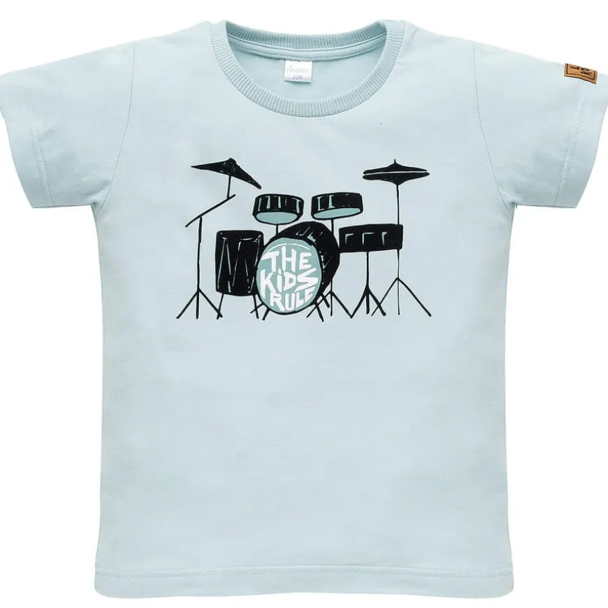 Koszulka z krótkim rękawem T-shirt dziecięcy niebieski z perkusją - Let's Rock | Pinokio