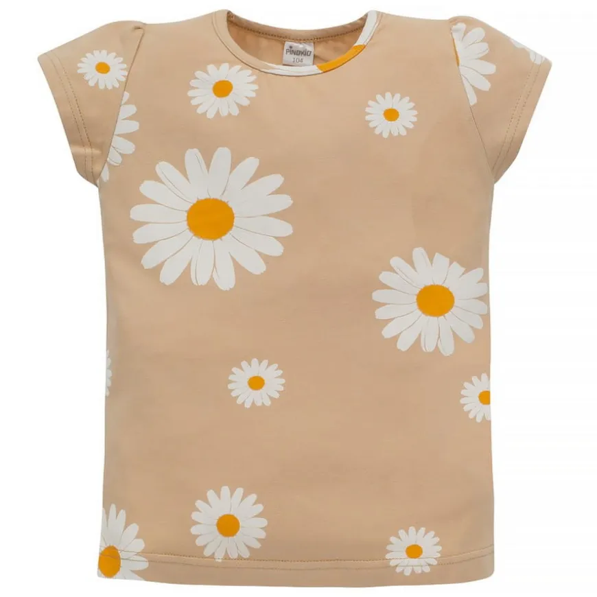 Koszulka z krótkim rękawem T-shirt dziewczęcy beżowy w stokrotki - Daisy Pinokio