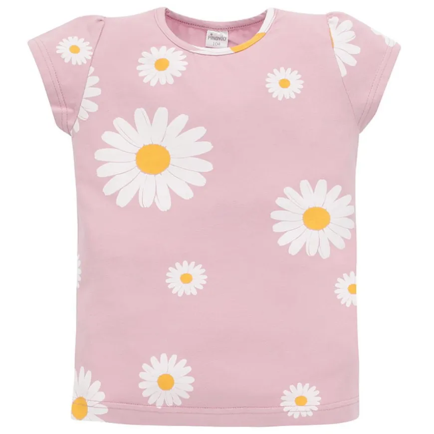 Koszulka z krótkim rękawem T-shirt dziewczęcy różowy w stokrotki - Daisy Pinokio