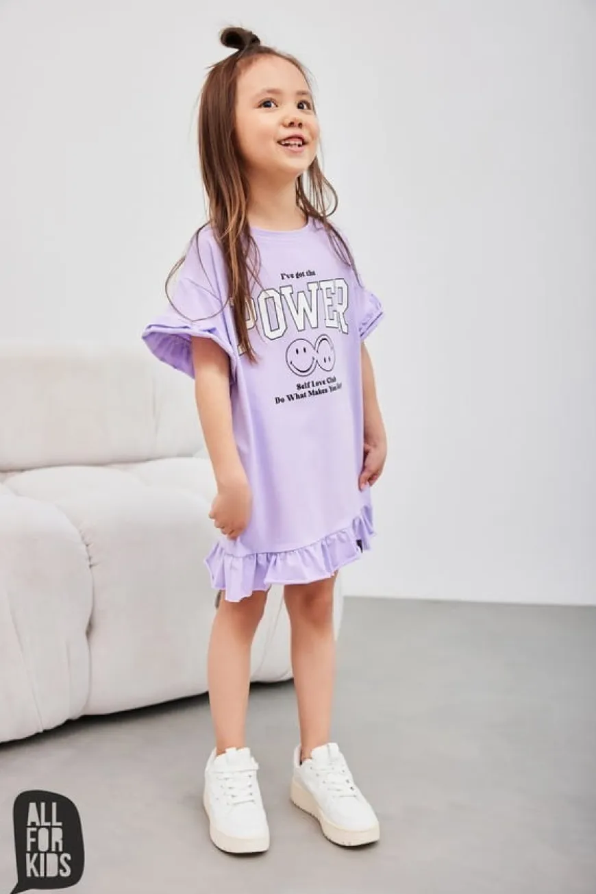 Letnia, fioletowa sukienka dla dziewczynki z napisem "I've got the power" - All for Kids