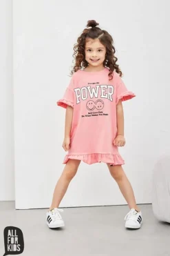 Letnia, koralowa sukienka dla dziewczynki z napisem "I've got the power" - All for Kids