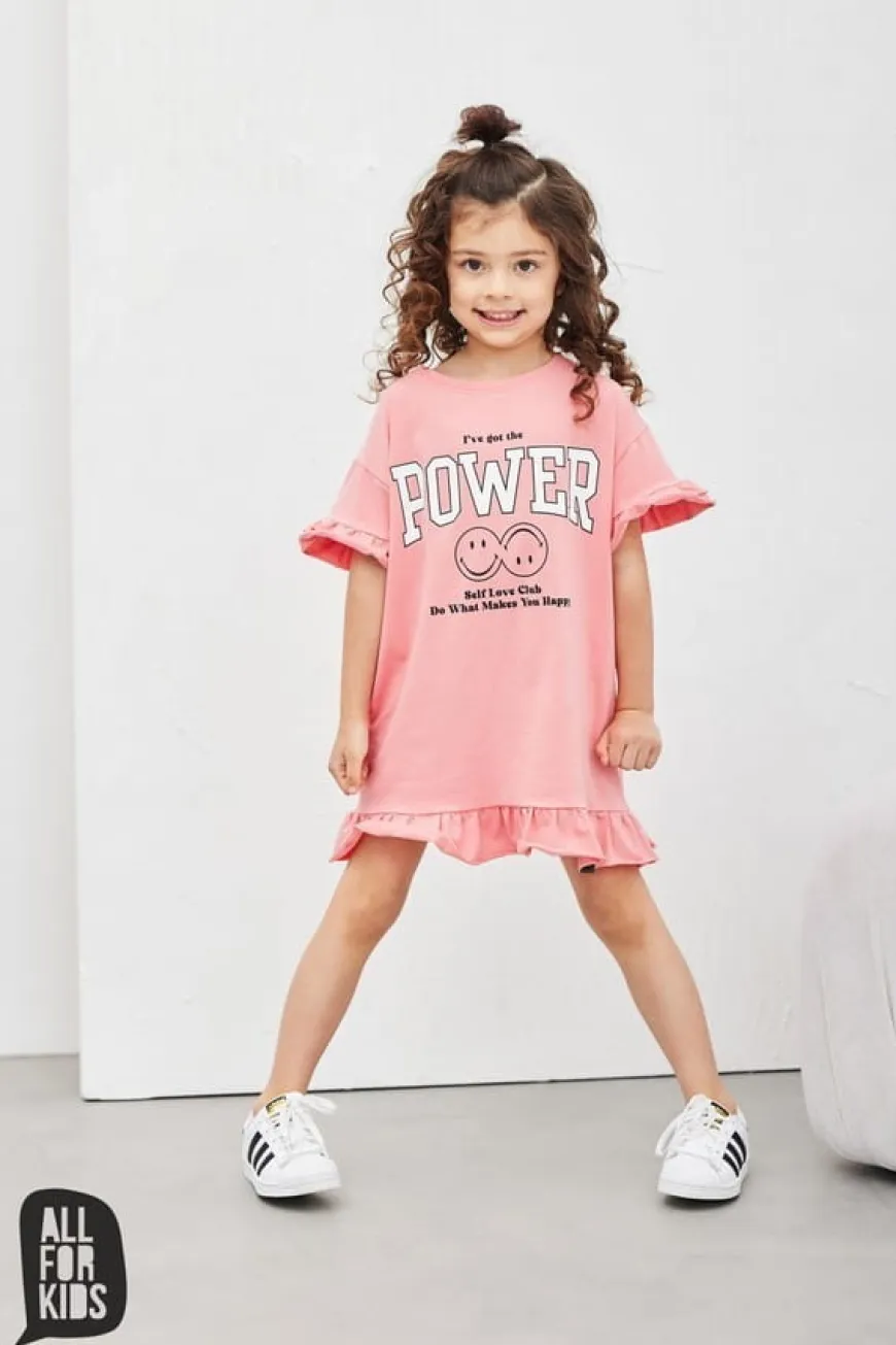 Letnia, koralowa sukienka dla dziewczynki z napisem "I've got the power" - All for Kids