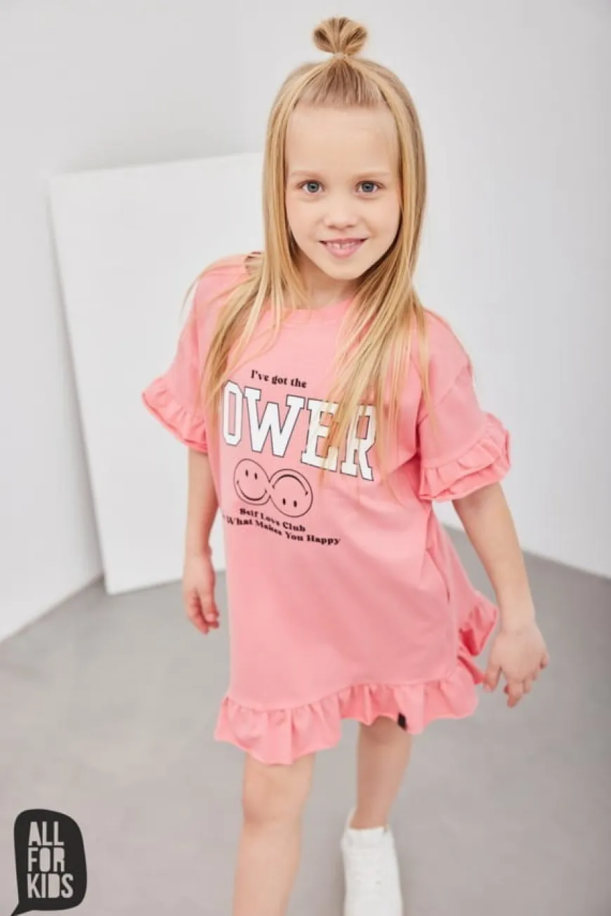 Letnia, koralowa sukienka dla dziewczynki z napisem "I've got the power" - All for Kids