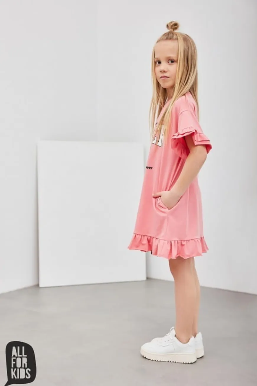 Letnia, koralowa sukienka dla dziewczynki z napisem "I've got the power" - All for Kids