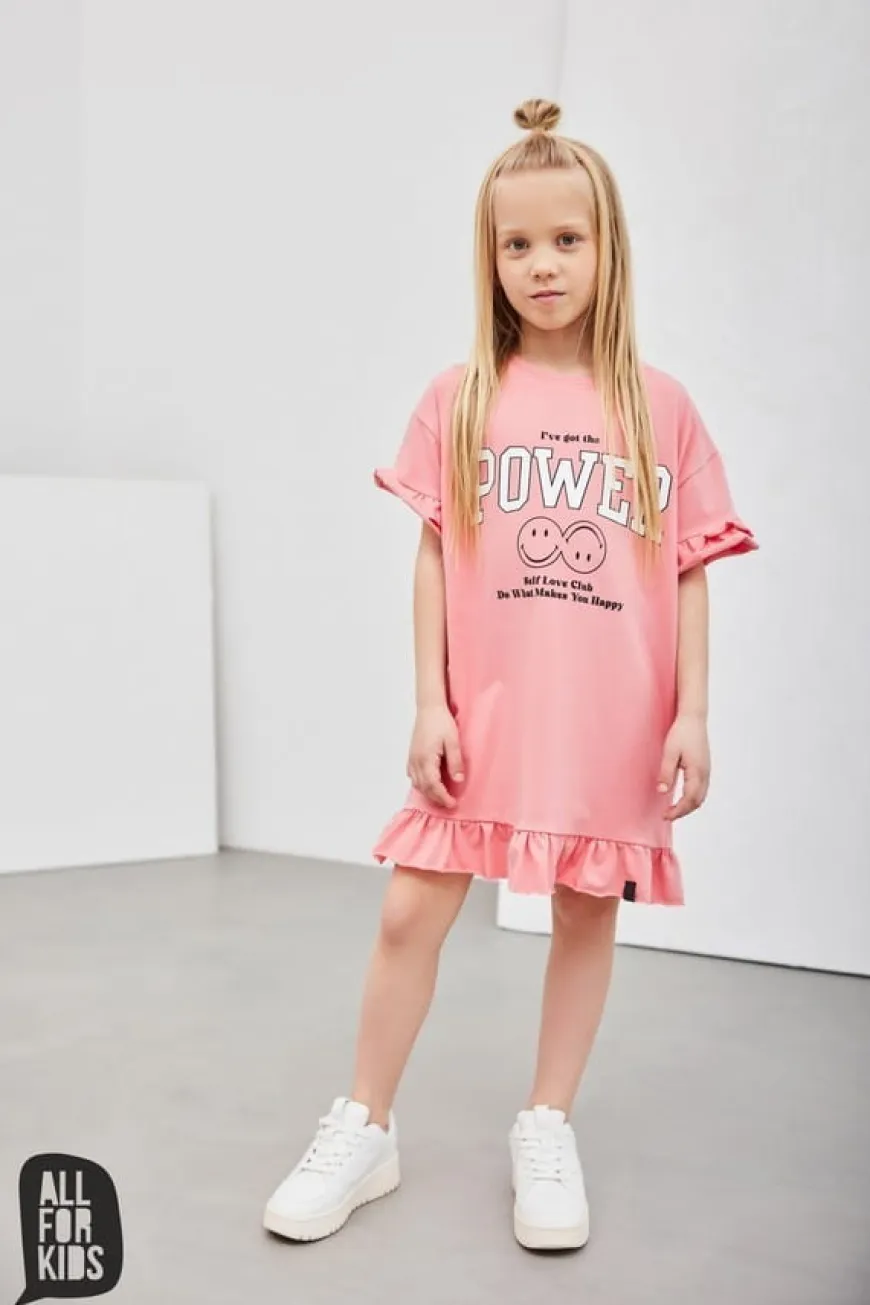 Letnia, koralowa sukienka dla dziewczynki z napisem "I've got the power" - All for Kids