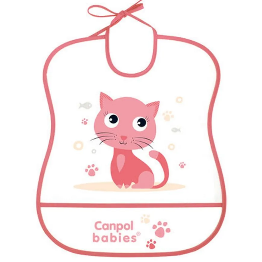Śliniak plastikowy miękki z kieszonką - pink cat | Canpol 2/919
