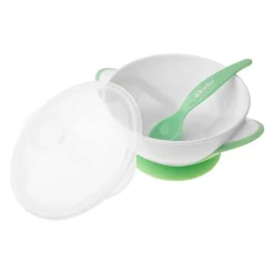 Miseczka z łyżeczką dla dzieci na przyssawce white / green od Akuku