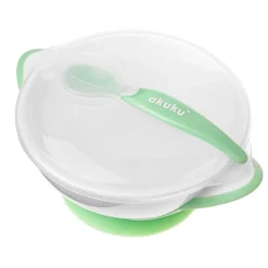 Miseczka z łyżeczką dla dzieci na przyssawce white / green od Akuku