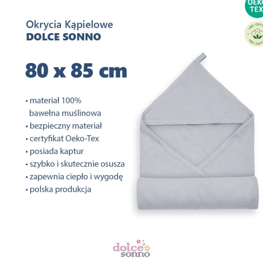 Muślinowe okrycie kąpielowe z kapturem 80x85 cm - Szare | Dolce Sonno