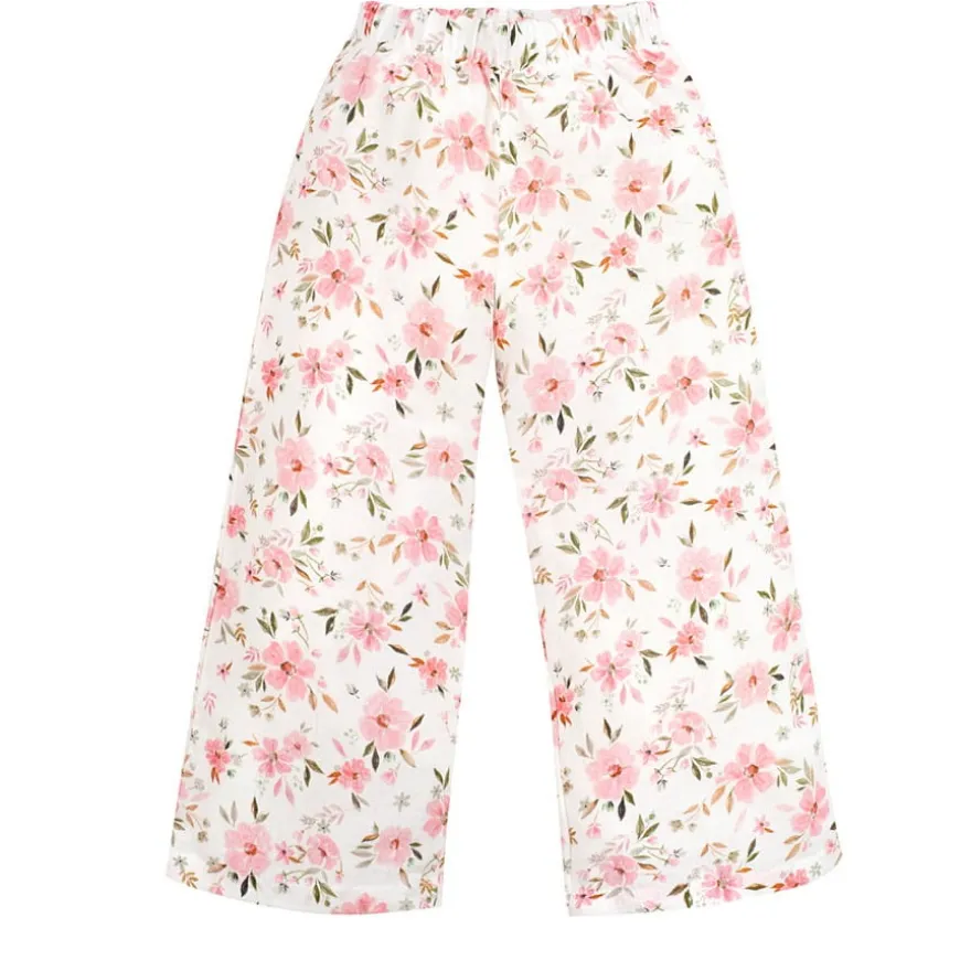 Muślinowe spodnie kuloty dla dziewczynki ecru w kwiaty - Muslin Flowers | Pinokio