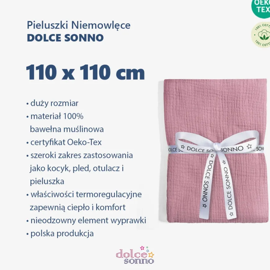 Otulacz, pieluszka muślinowa Double Gauze 110x110cm - Różowa Fuksja | Dolce Sonno
