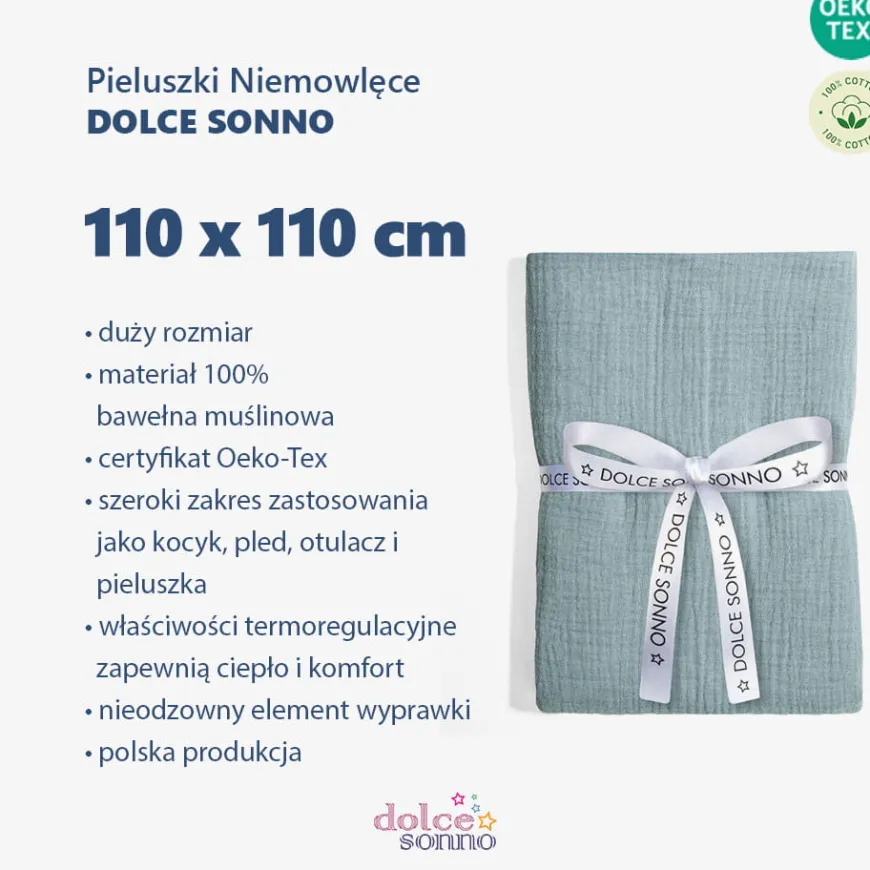 Otulacz, pieluszka muślinowa Double Gauze 110x110cm - Khaki | Dolce Sonno