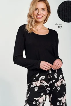 Piżama damska Charlotte - koszulka z prążka i długie spodnie w kwiaty | Taro 3232