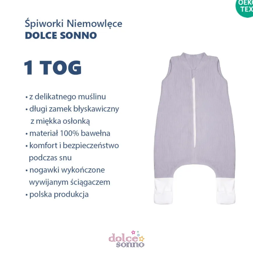 Śpiworek muślinowy Double Gauze 1 TOG - Szary | Dolce Sonno