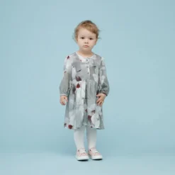 Sukienka dla dziewczynki z dzianiny wiskozowej szara w kwiaty - Tres Bien Pinokio