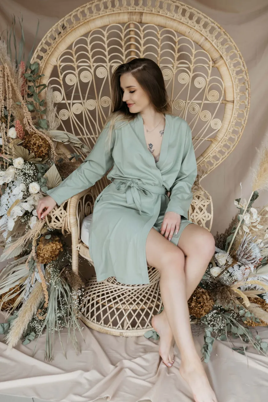 Szlafrok bawełniany z długim rękawem Ciara/ Szałwia - Dolce Sonno