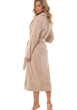 Szlafrok damski z bawełny frotte wiązany w pasie - Beżowy | L&L 2408
