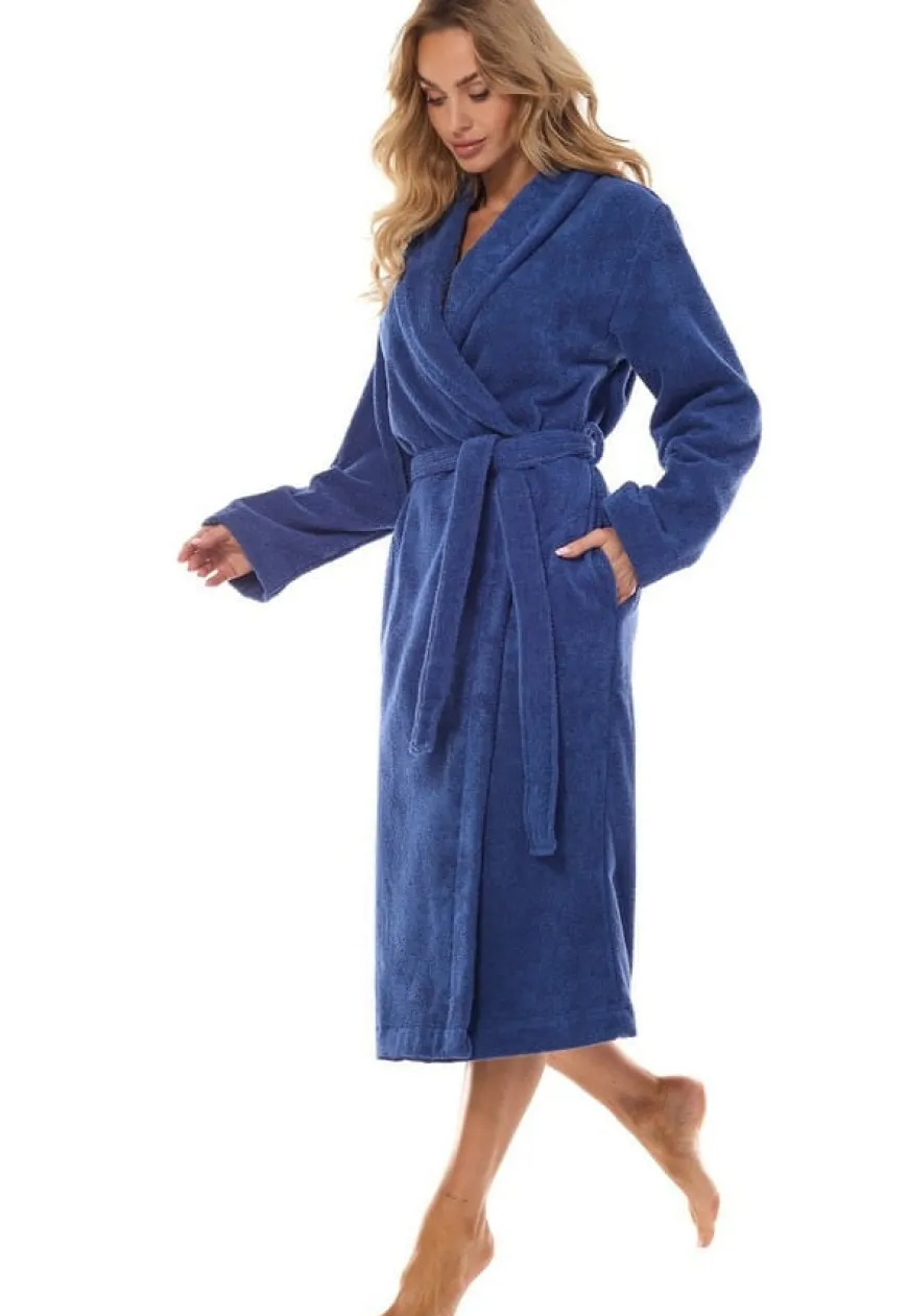 Szlafrok damski z bawełny frotte wiązany w pasie - Navy | L&L 2408