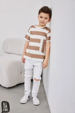 T-shirt chłopięcy w pasy beżowe - All for Kids