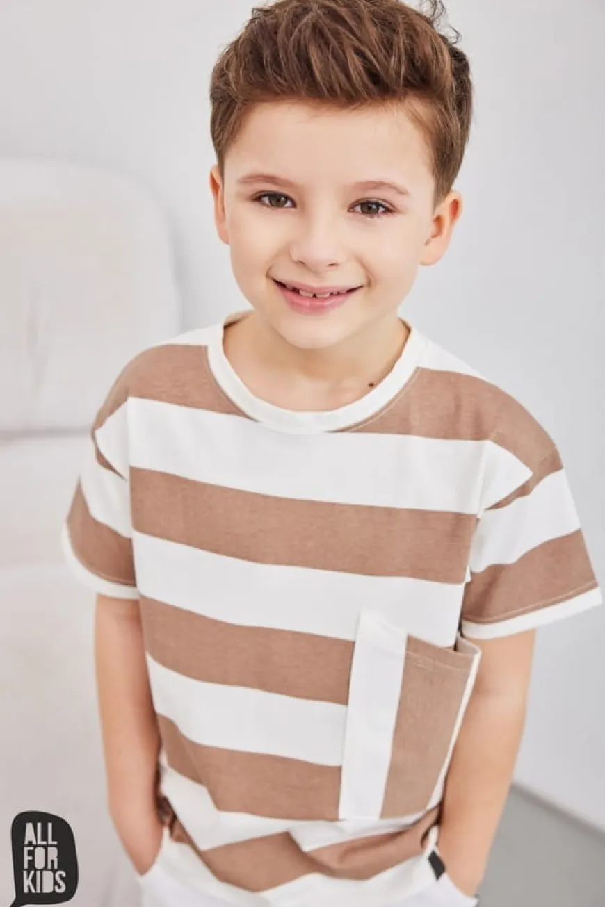 T-shirt chłopięcy w pasy beżowe - All for Kids