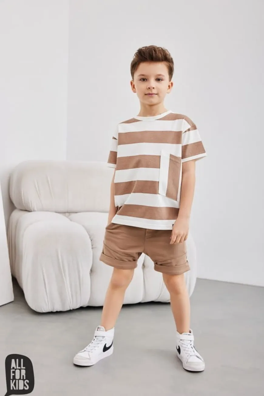 T-shirt chłopięcy w pasy beżowe - All for Kids