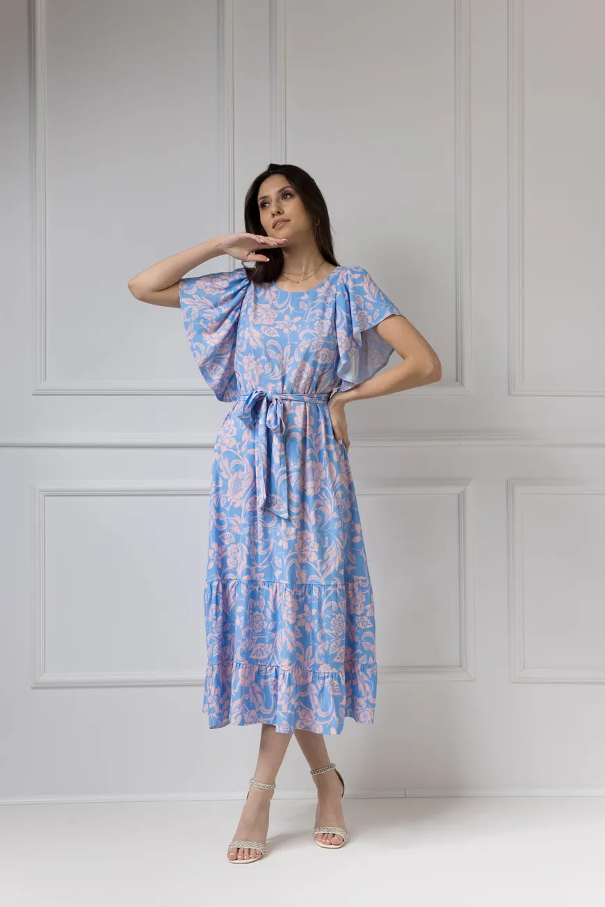 WUALAA Women - Sukienka damska midi SANVI Rustic Symphony Blue/Apricot