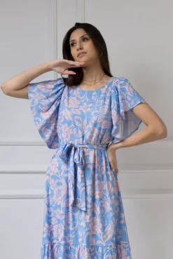 WUALAA Women - Sukienka damska midi SANVI Rustic Symphony Blue/Apricot