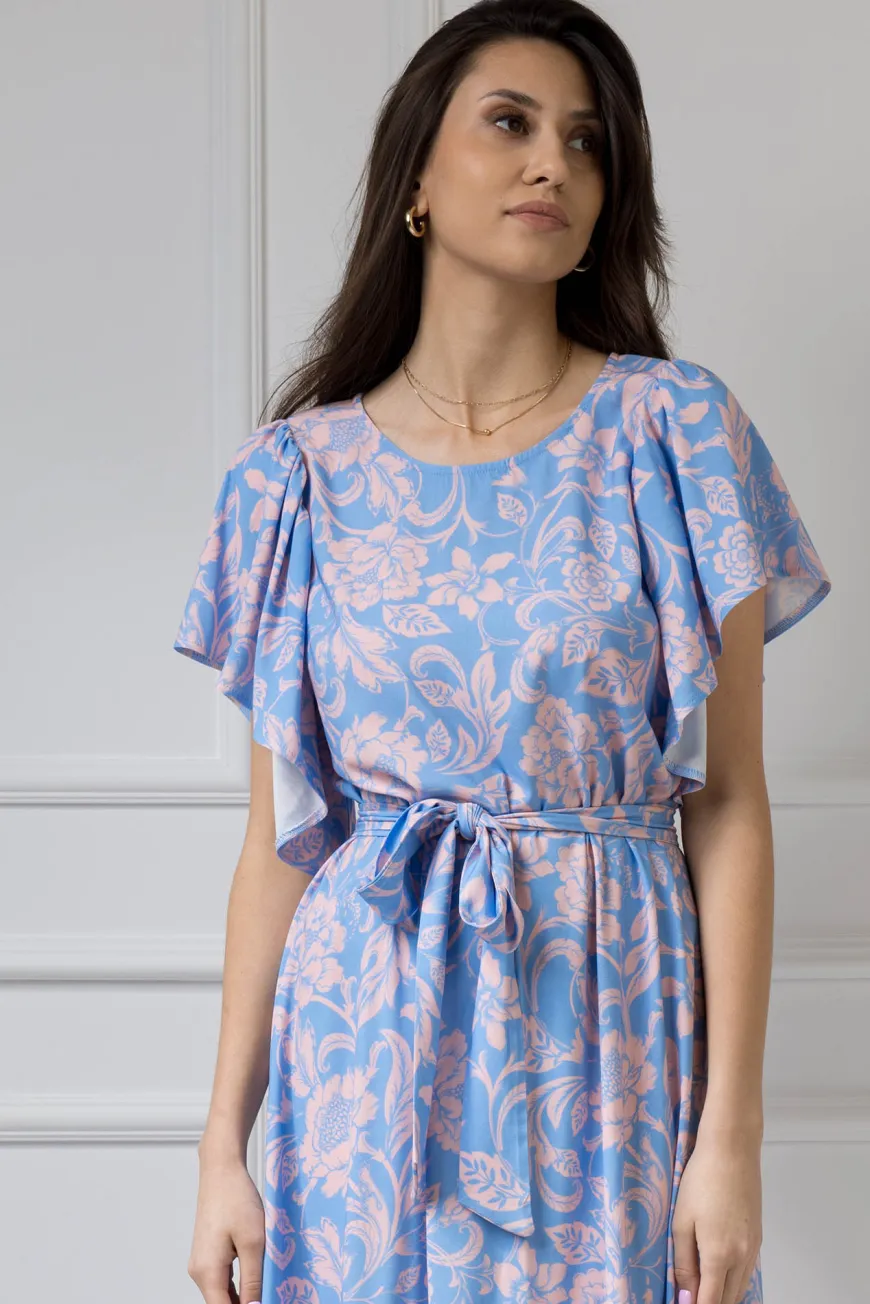 WUALAA Women - Sukienka damska midi SANVI Rustic Symphony Blue/Apricot