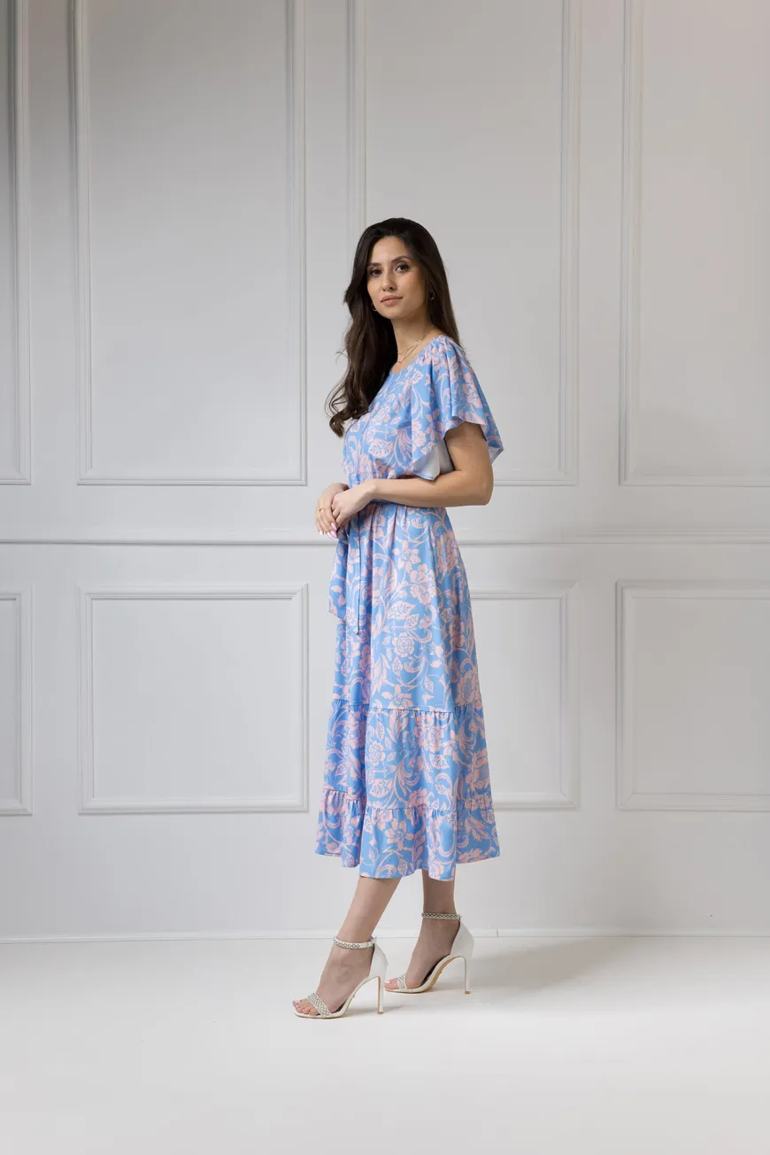 WUALAA Women - Sukienka damska midi SANVI Rustic Symphony Blue/Apricot